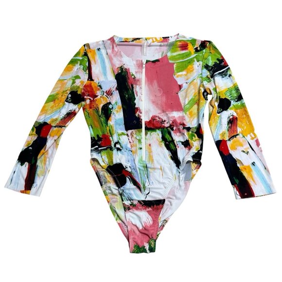 NORMA KAMALI RASHGUARD BODYSUIT WATERMELON SPLASH SIZE L ARTSY COLORFUL ZIP - Picture 1 of 8